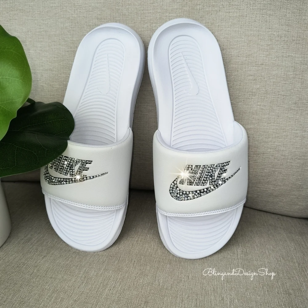 Women's Bling  Nike Victori One Sandal Slides Custom With Baby Blue Crystals